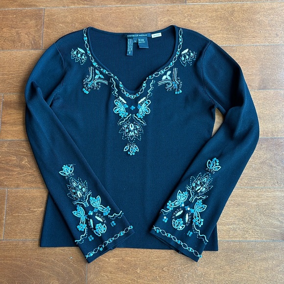 Size Large Black Boho Western Sweater Turquoise Beads and Bell Sleeves - Picture 16 of 16